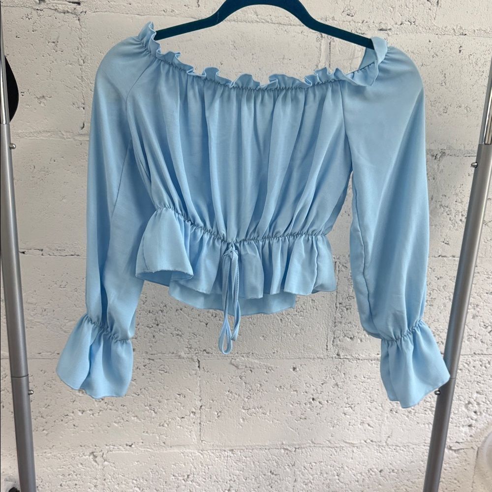 Light Blue Ruffled Women's Top SUPERDOWN - Size XS - Cropped Long Sleeve NEW